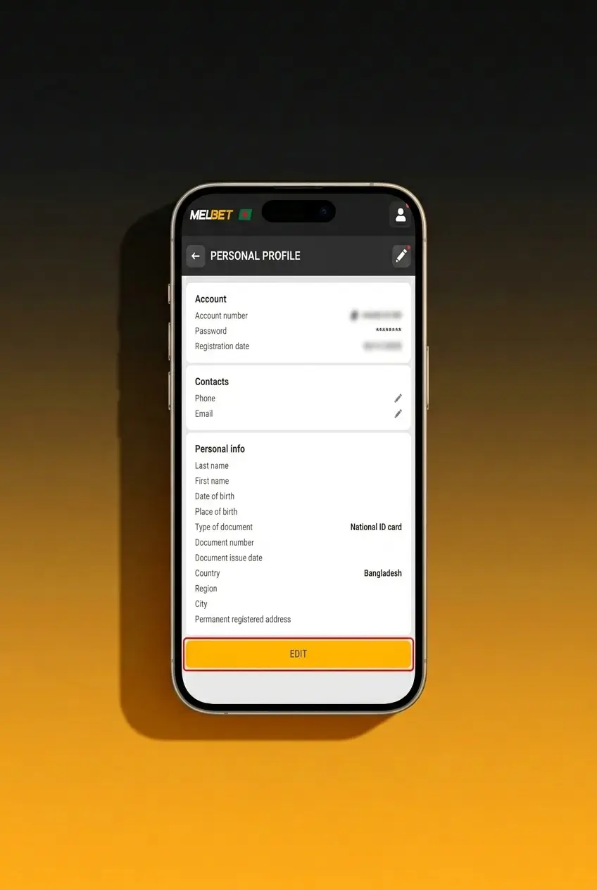 Melbet account verification KYC process showing profile icon navigation to submit ID and proof of address documents