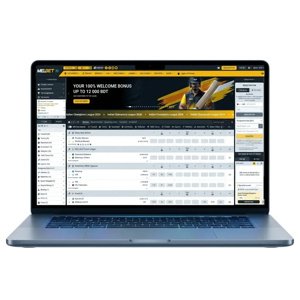 Melbet Bangladesh betting platform offering sports markets, casino games, and live dealer tables with 100% welcome bonus up to 12000 BDT
