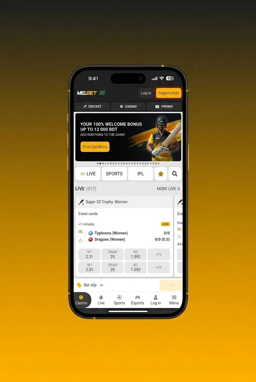 Melbet sign up page showing step-by-step registration form with options for phone, email, or social media account creation in BDT