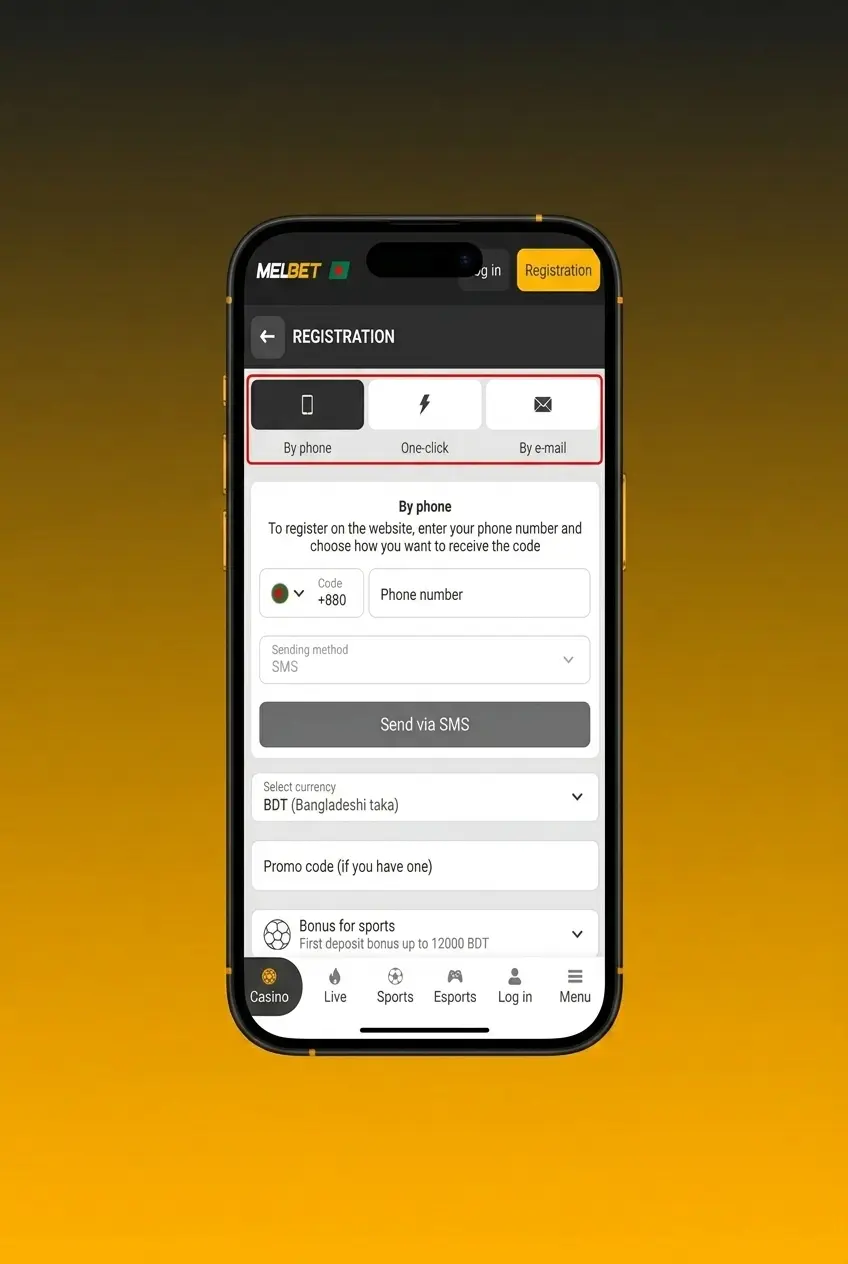 Melbet sign up page showing step-by-step registration form with options for one-click, phone, email, or social media
