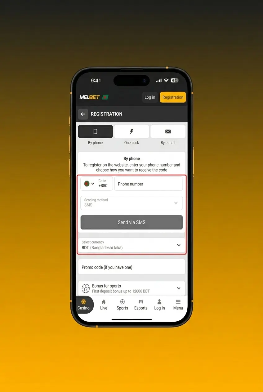Melbet sign up page showing step-by-step registration form with four methods including one-click, phone, email, and social media