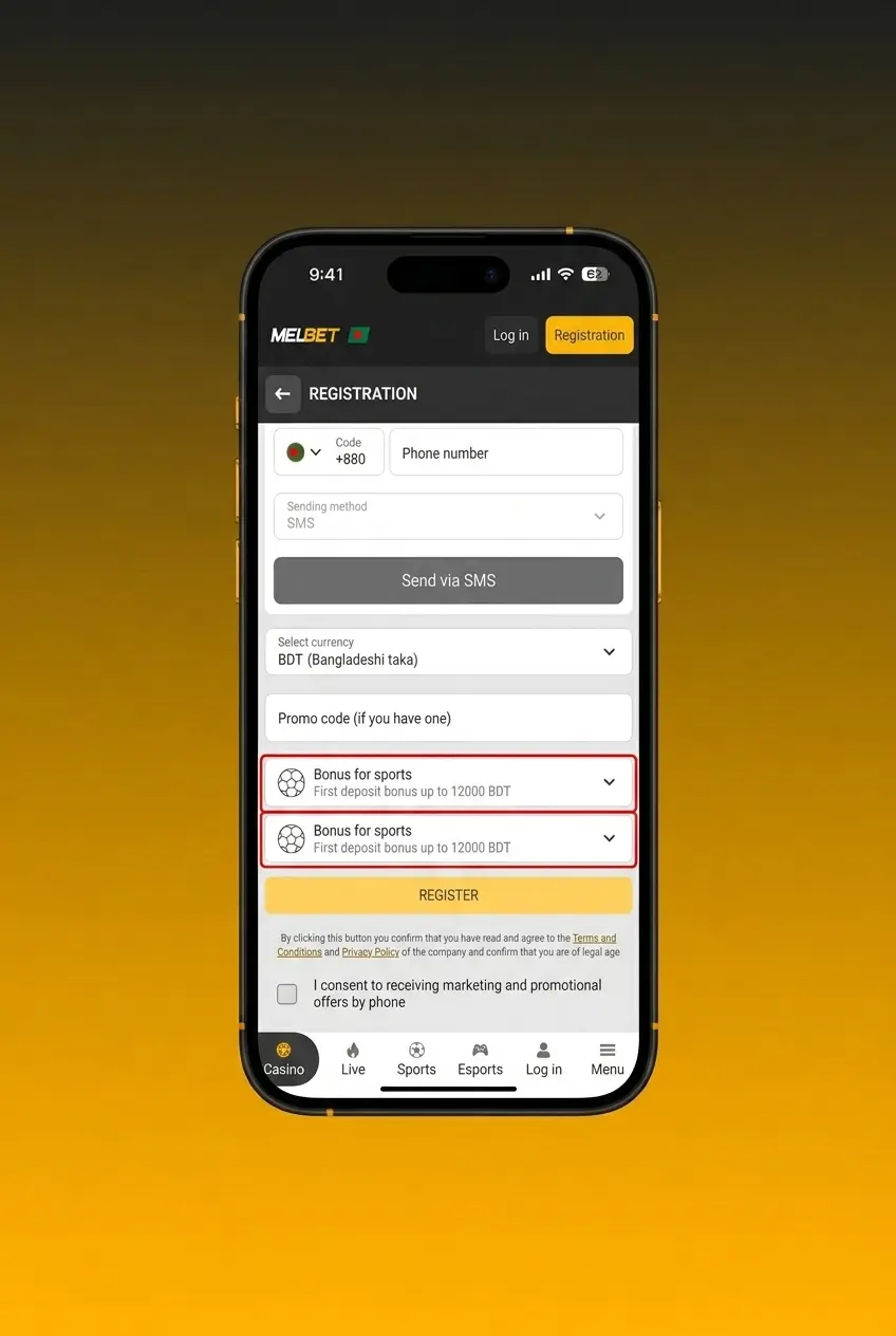Melbet sign up page showing step-by-step registration form with four methods including phone, email, and social media options
