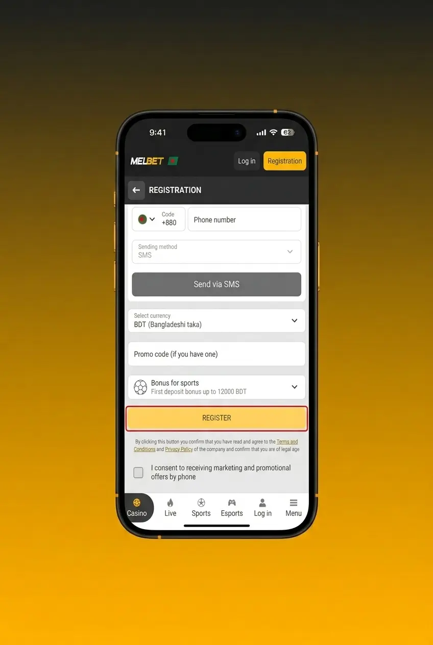 Melbet sign up page showing step-by-step registration form with four methods including one-click, phone, email, social media